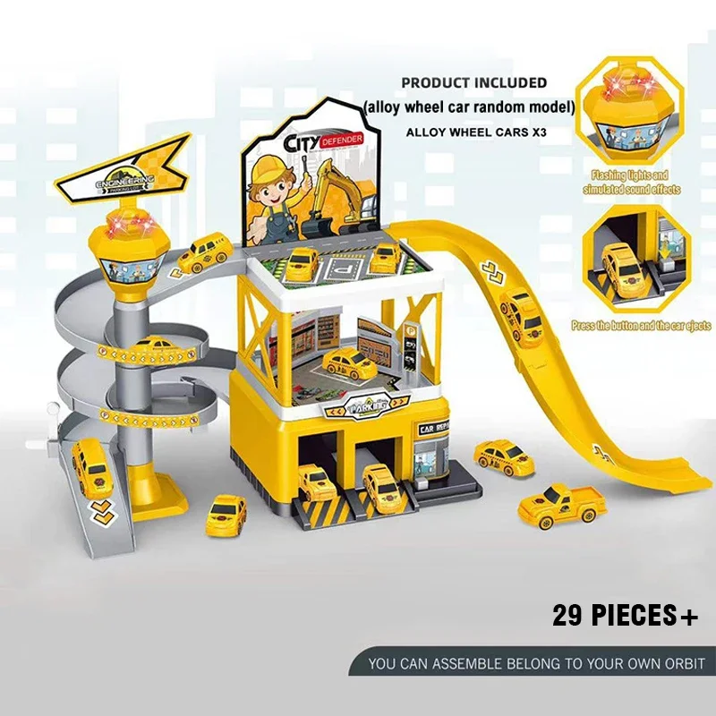 Diy Assemble Track Parking Lot Toy Engineering Vehicle Race Track Playset with Cars Lights Sound Educational Toy for Kids Gifts