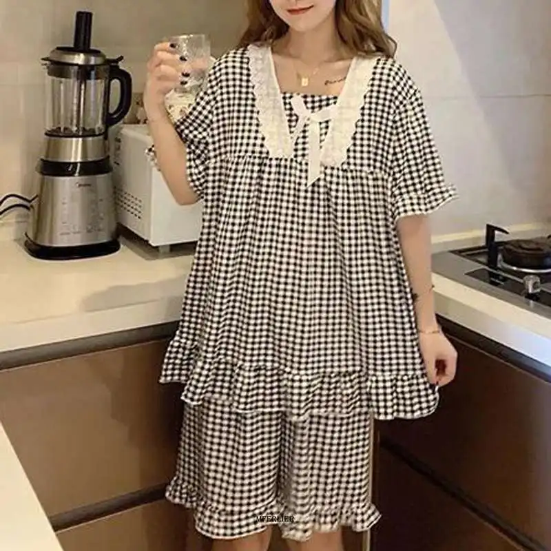 Plus Size 5XL 150kg Summer Sleepwear Suit Women Pajamas Set Plaid Print Short Sleeve Top and Shorts Female Sweet Sleepwear Set