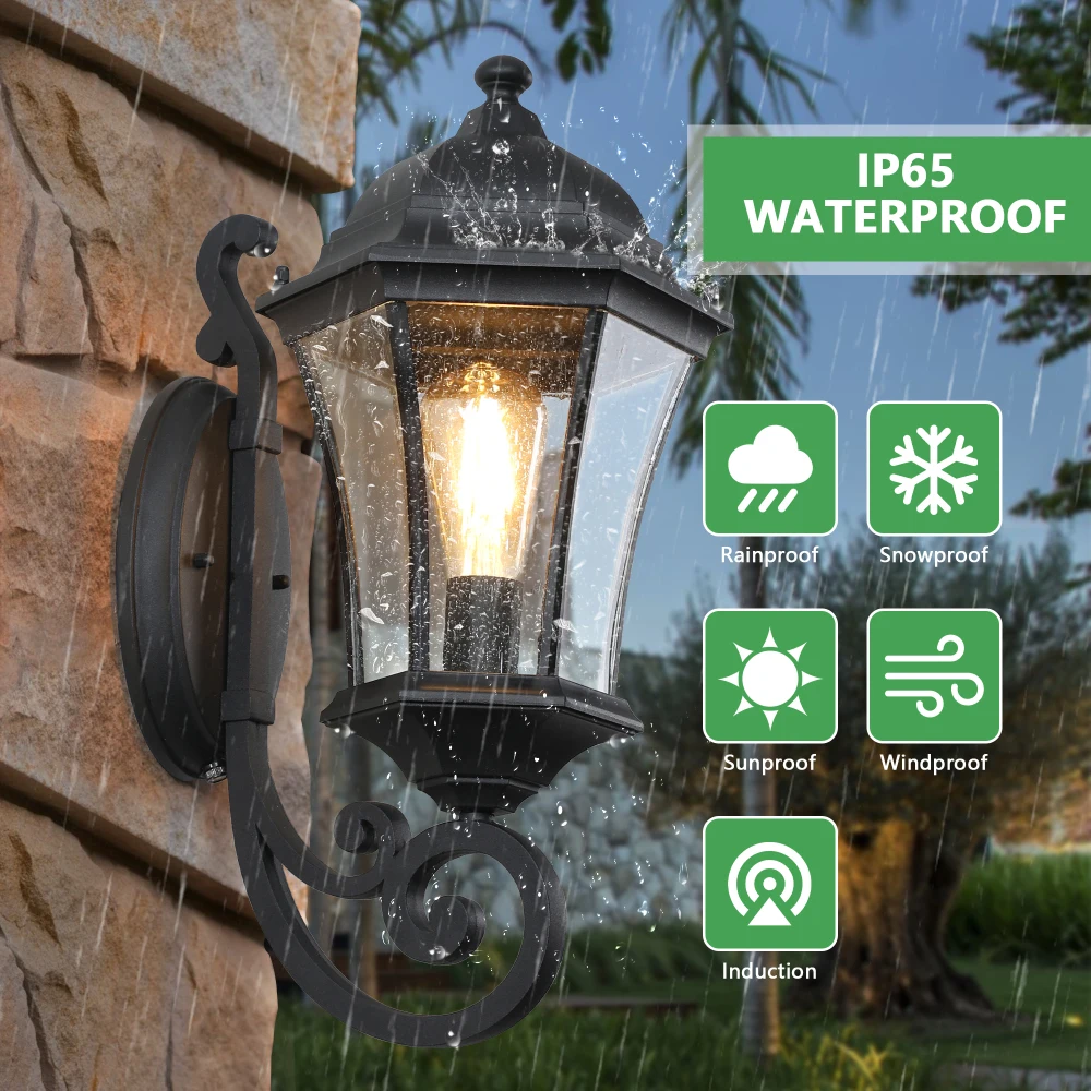 Outdoor Waterproof Glass Retro Wall Lamp with light sense Supports multiple types of light bulbs 1 pack