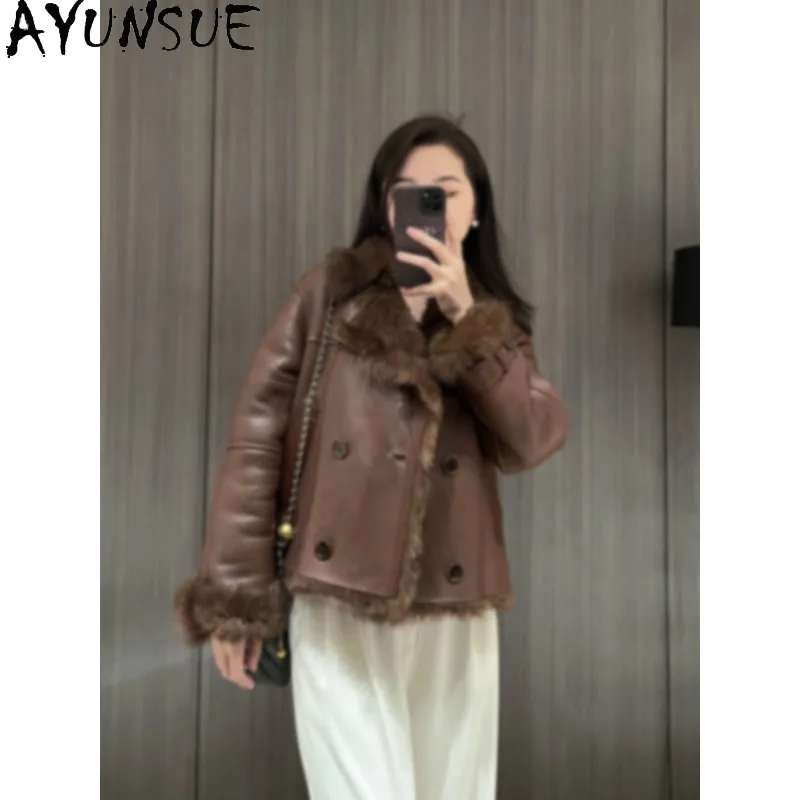 AYUNSUE Leather&fur Coat Woman Short Motorcycle Style Outerwears Long Sleeve Tops for Woman Winter Jakcet Woman Clothes 신상아우터