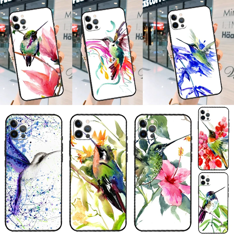 Hummingbird and Flowers Case For iPhone 14 13 12 11 15 16 Pro Max Mini Plus X XR XS Max Bumper Soft Cover