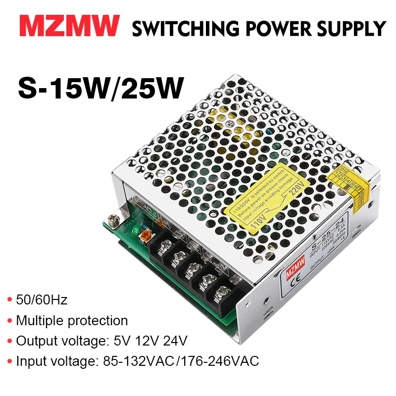 MZMW 15W 25W Switching Power Supply 5V 12V 24V Mini Size 110V 220v AC/DC Ultra-thin SMPS LED Driver Adapter S-25-5 S-25-12