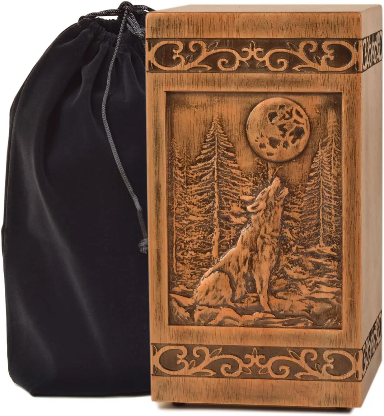 

Wooden Cremation Urn for Human Ashes, Decorative Funeral Box with Satin Bag, Memorial Keepsake for Adult (Wolf Design, XL Size)