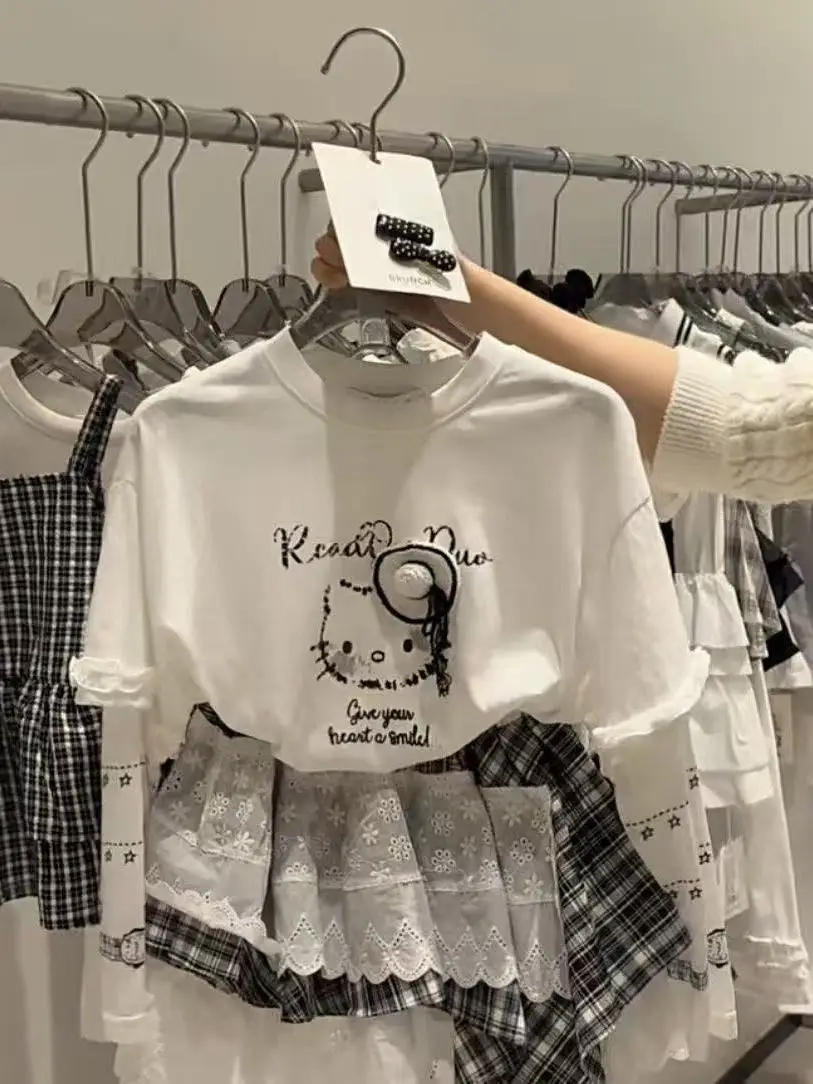 

Girls Fashionable Long Sleeve round Neck T-Shirt Plaid Skirt Two-Piece Set Spring Autumn Wear for Children under 17 Years