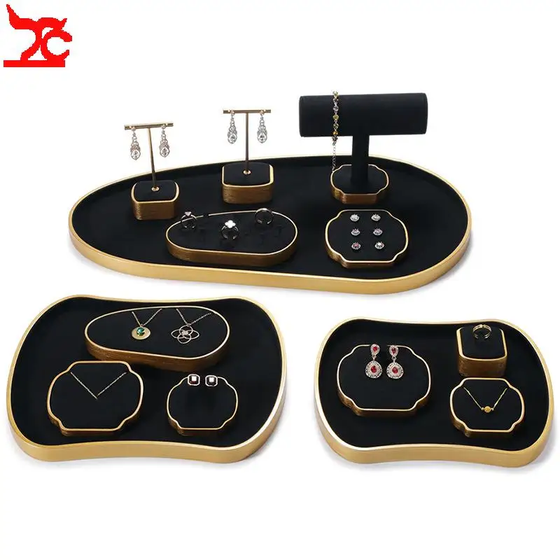 Black Microfiber Set Jewelry Display Props with Golden Frame Ring Bracelet Necklace Organizer Shelf Special Window Display Tray