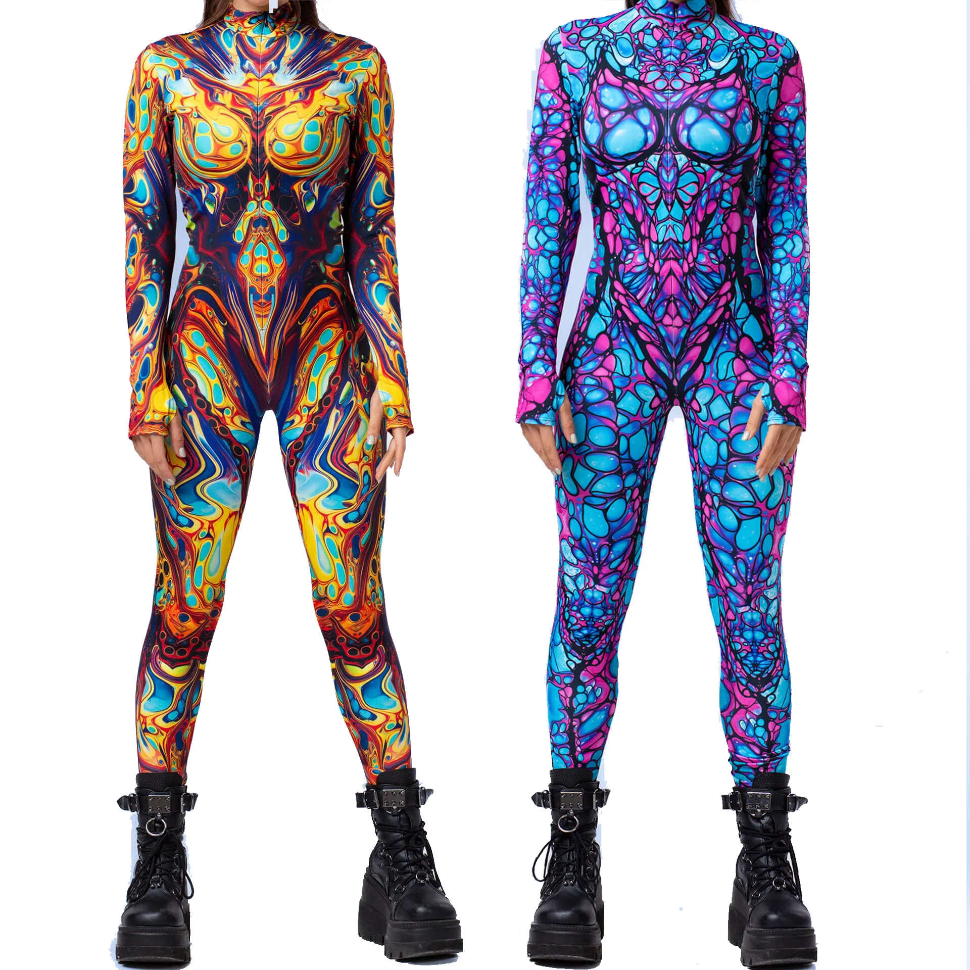 Kolorowe drukowane kobiety przyjęcie świąteczne kombinezon Cyber body Punk Zentai strój Rave joga Catsuit kostiumy rowerowe Halloween