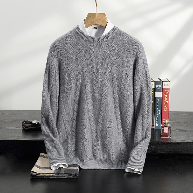 

Мужской 100% кашемировый жаккардовый пуловер с круглым вырезом и длинными рукавами, утепленный повседневный свободный деловой осенне-зимний вязаный свитер