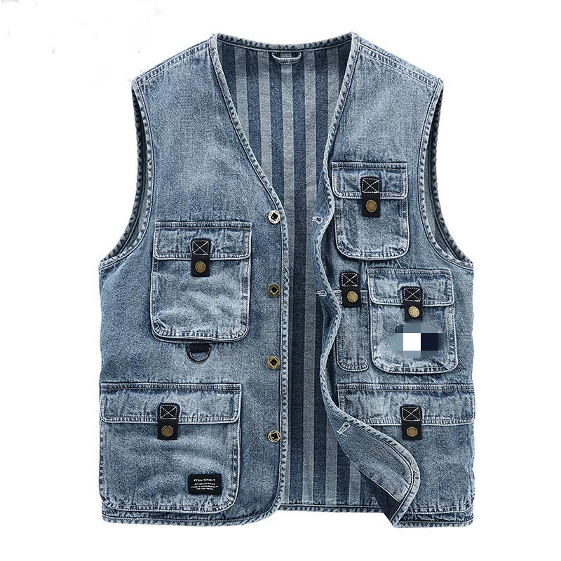 Mens Cargo Denim Vest Multi Pockets Sleeveless Jacket Fashion Washed Jeans Waistcoats For Male