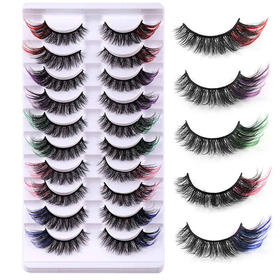カラーまつげ10ペア、3D人工まつげ、ふわふわカラーつけまつげ、カラーエンド付き