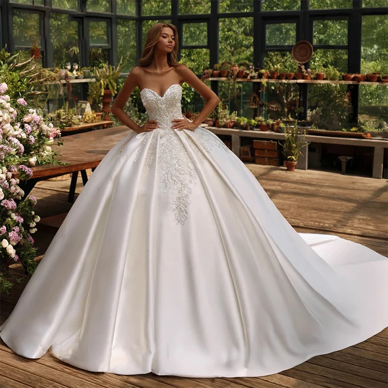 

Off The Shoulder Wedding Dress Embroidered with Satin Ball Gown Princess Strapless Sleeveless Customized