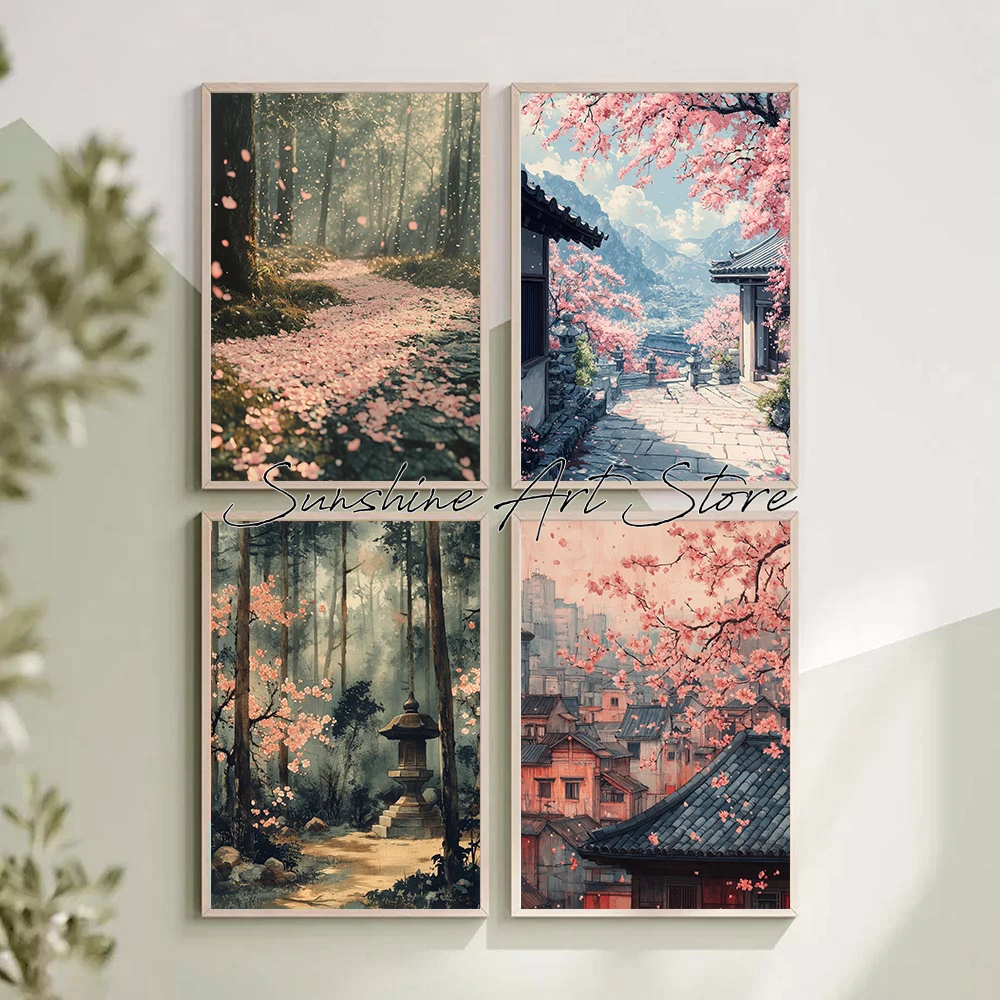 Modern Japanese Ubran Cherry Blossom Sakura Serene Spring Temple City County Ukiyo-e Poster Canvas Painting Wall Pictures Decor