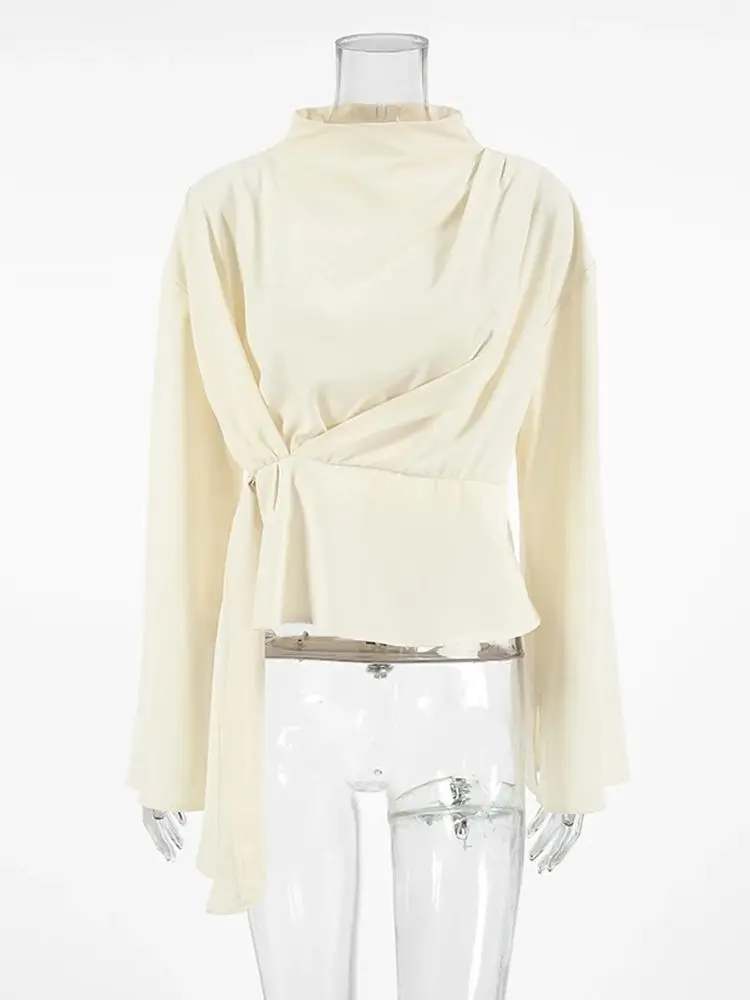 Chemise à manches évasées en mousseline de soie pour femmes, nouvelle mode française abricot à lacets, taille col montant, hauts polyvalents, pull féminin, 2025