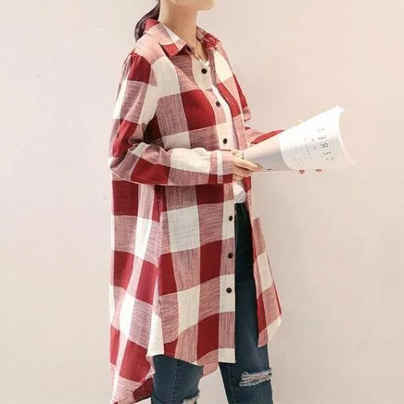 Spring Autumn Casual Fashion Turn-down Collar Plaid Shirt Women\'s Clothing New Loose Long Sleeve Button Irregular Blouse Female