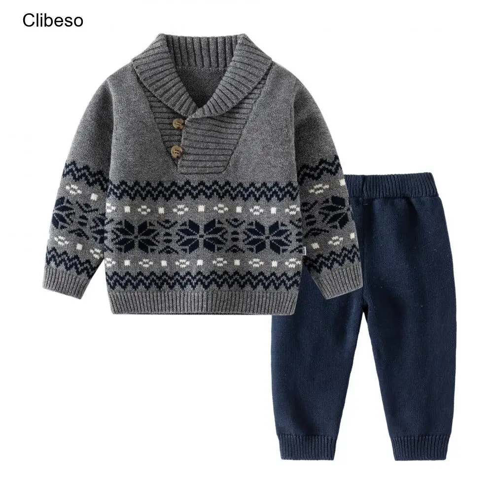 2024 Clibeso Children's Clothing Sweater Sets Korean Baby Boy Clothes From 9M-4T Kids Vintage Knit Pullover Tops + Pants Bottom