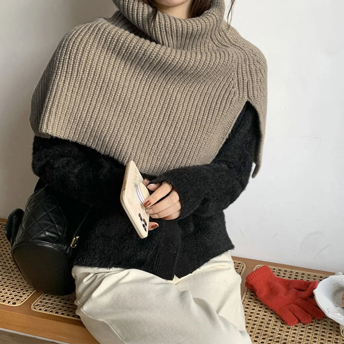 Turtleneck Furcal Pullover Scarf Winter Women Warm Neckerchief With Elegant Style Solid Color Female Kintted Neck Cover Collar