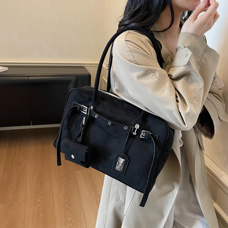 

Retro Women's Faux Suede Shoulder Bag High Quality Lady Commuting Tote Bags Vintage Stylish Shopper Large Capacity Handbag Purse