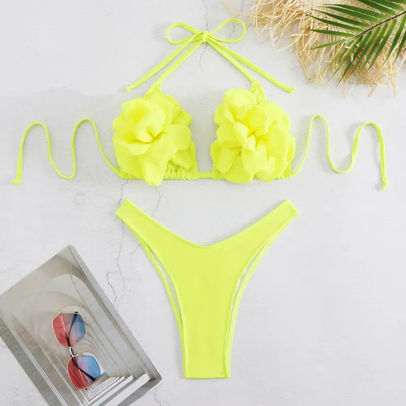 2025 Women's 3D Floral Yellow Bikini Set