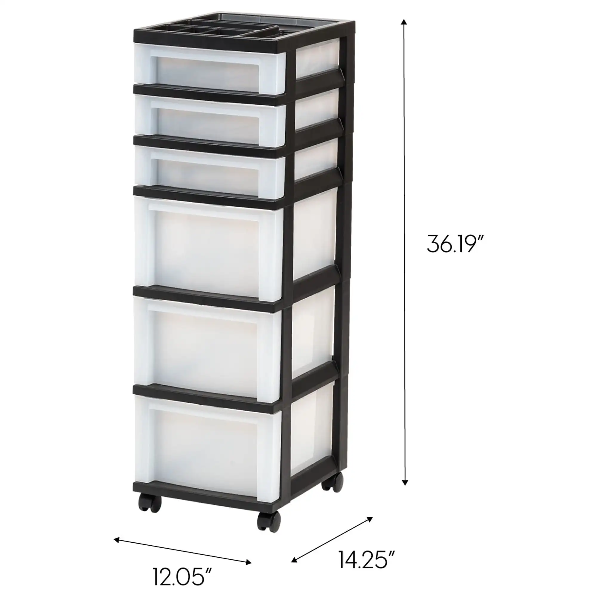 6 Drawer Plastic Storage Cart with Organizer and Wheels, Clear/Black，Built-in drawer stop