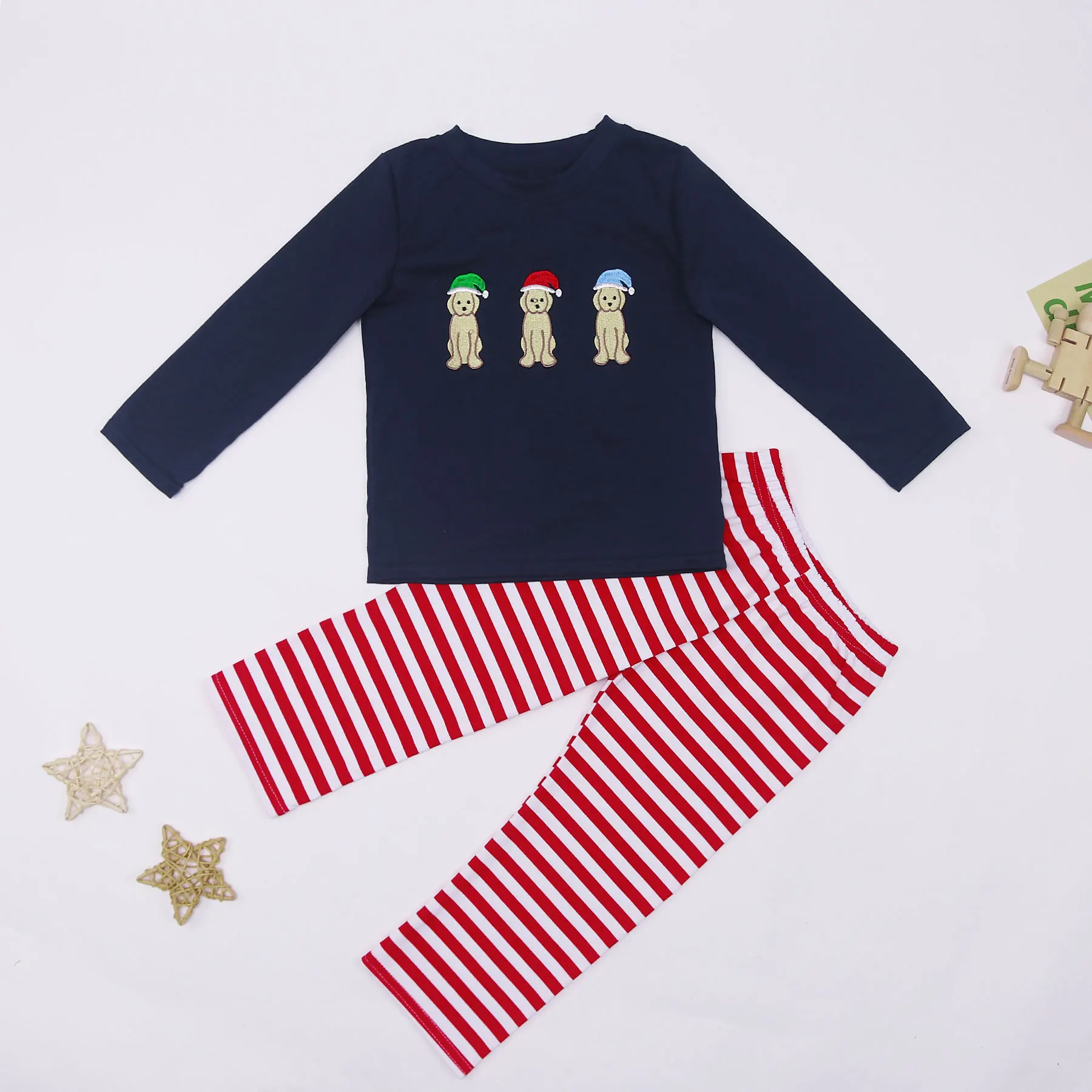 

2023 Baby Boys Clothes Christmas Style Long Sleeve Set Three Puppy Embroidery Stripe Outfit Fall Cotton Soft Todller Suit