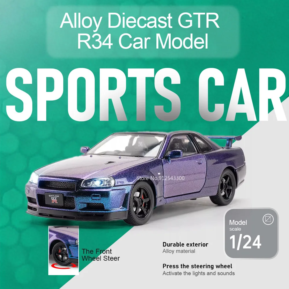 1:24 Scale GTR R34 Car Model Toy Doors Opened Pull Back Models Sound Light Alloy Diecast Vehicle for Brother Birthday Presents