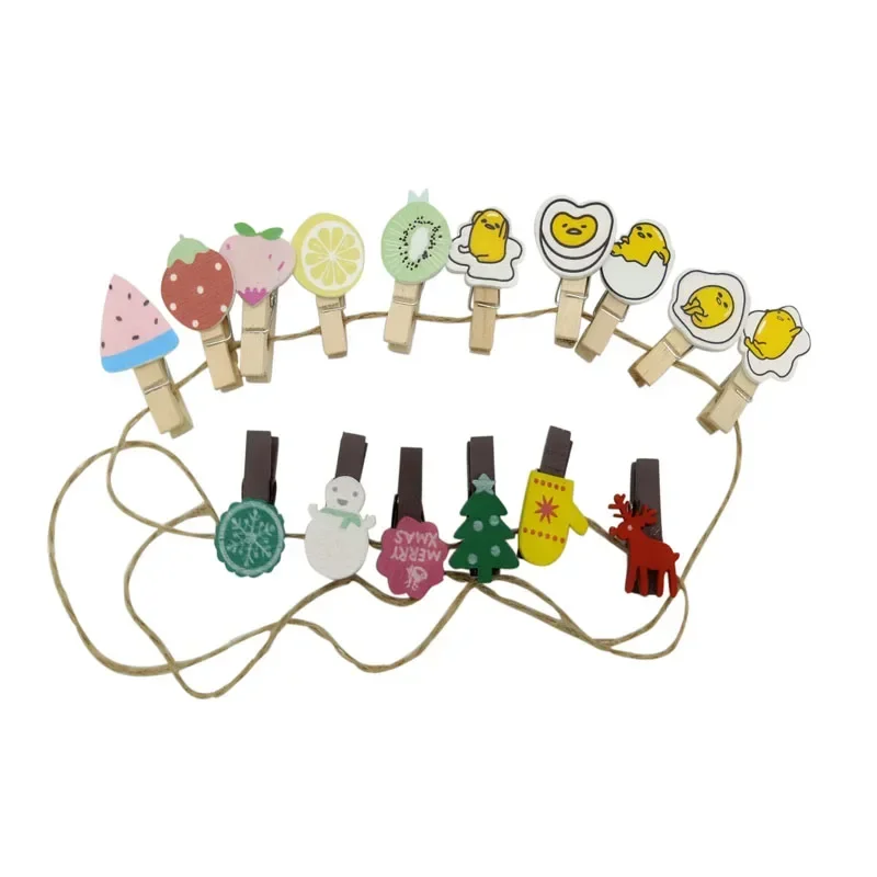 1pack/lot Cute Cartoon Wooden Clip Photo paper Craft Clips Party Decoration Clip Set With Rope