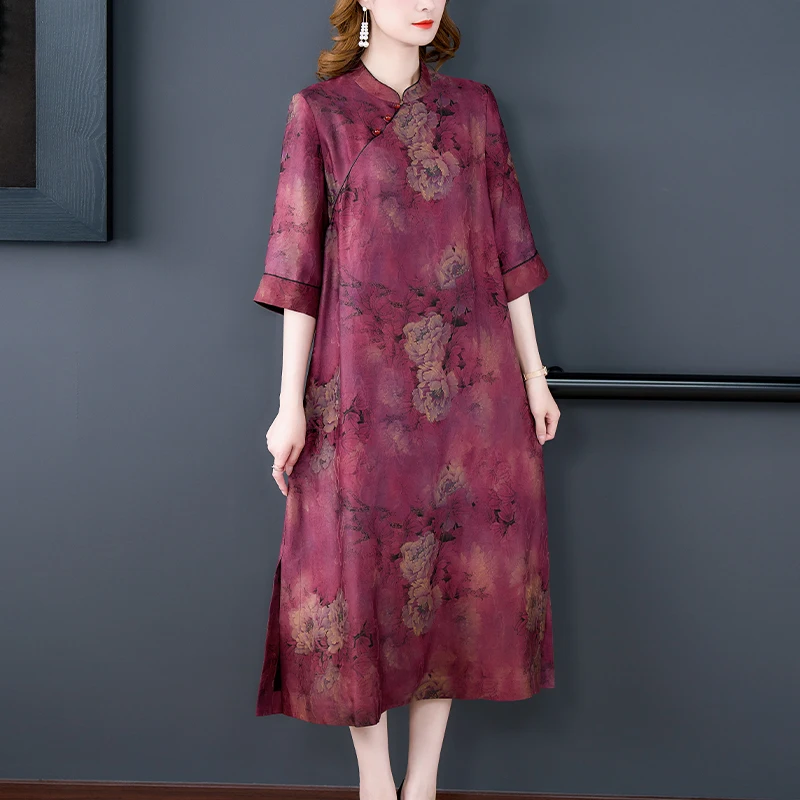 Women Red Floral Mulberry Silk Midi Dress Summer New Elegant Loose Waist Plus Size Dress 2024 Korean Vintage Casual Party Dress