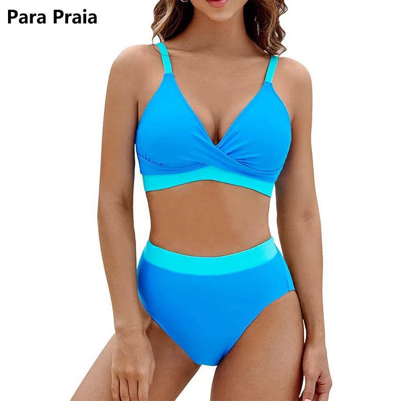 

Para Praia, однотонный ретро купальник с высокой талией, 2025 г., женский комплект бикини, женский купальник, бандо, купальный костюм для женщин, пляжная одежда