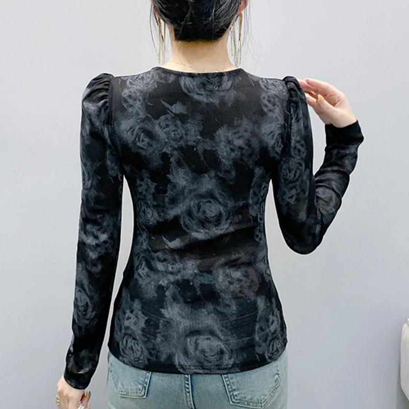 Czarny, koreański, styl, siateczka, koszulka, szykowny, seksowny, kwadratowy kołnierzyk, drukuj, drapowany, łączony, elastyczny, cienki, damski, topy, długi rękaw, koszulki, nowy, 51301