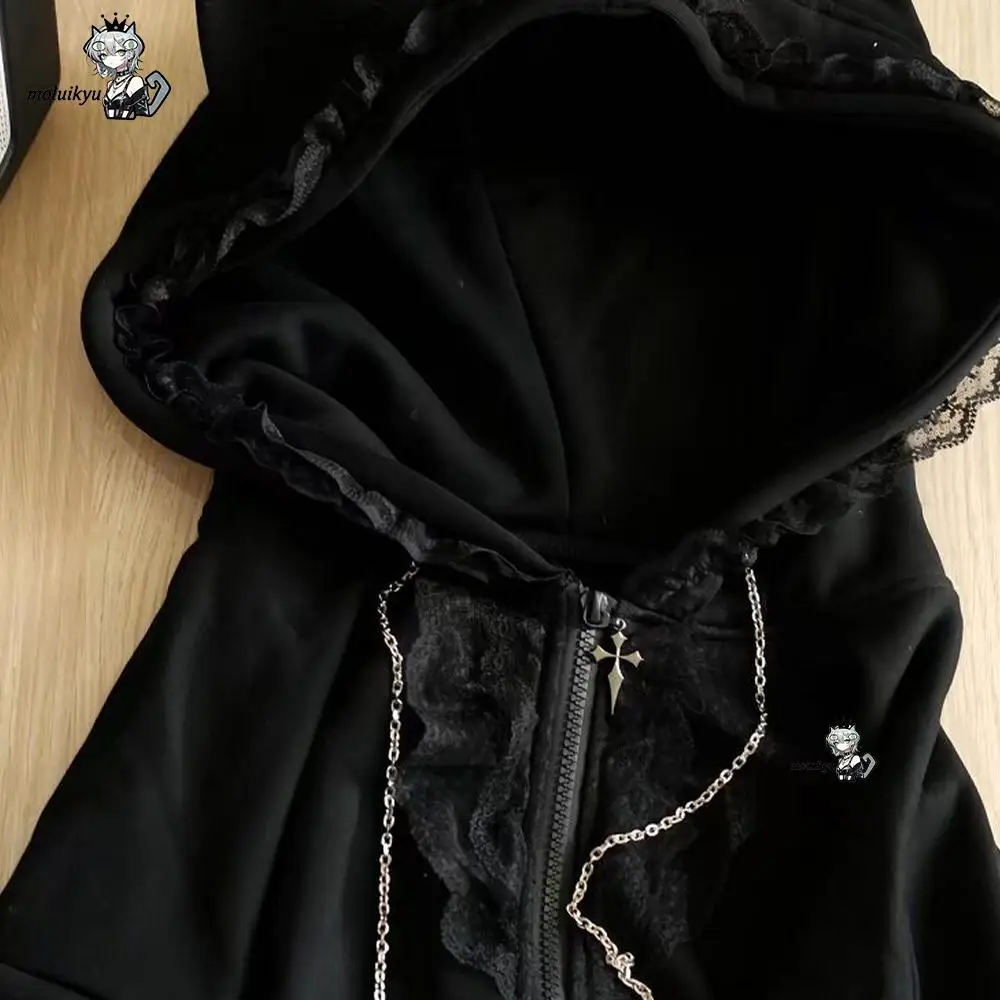 Gothic Women Zip Up Hoodie Cat Ear Hood Lace Ruffle Cross Chain Decor Lace Up Sweatshirt Y2K Alt Punk Streetwear Loose Jacket