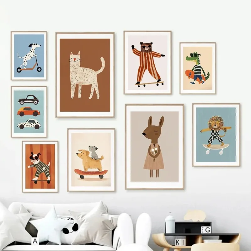 Funny Animals Rabbit Dog Cat Skateboard Posters Prints Wall Art Canvas Neutral Nursery Picture for Baby Kids Room Decor Unfra