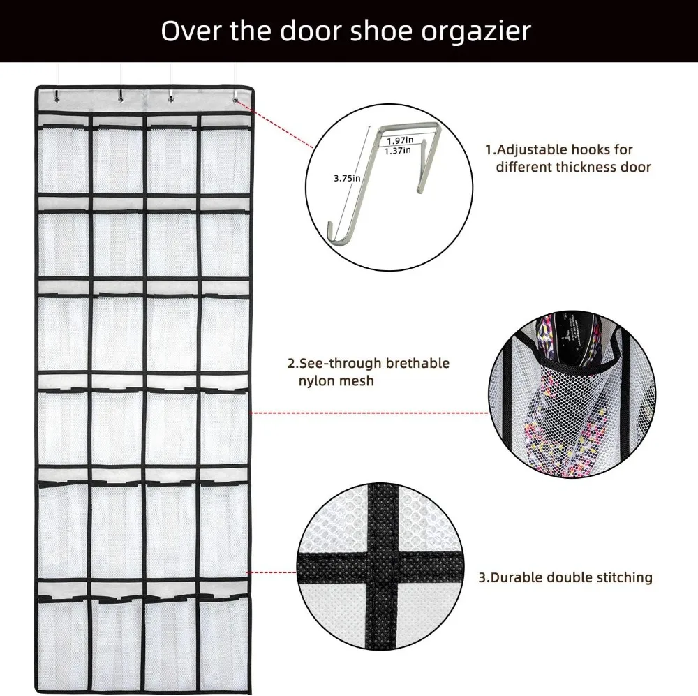 Over Door Shoe Organizer with 24 Mesh Pockets, Hanging Shoe Rack for Closet, Bathroom, Dorm, Adjustable Hooks, White view 3