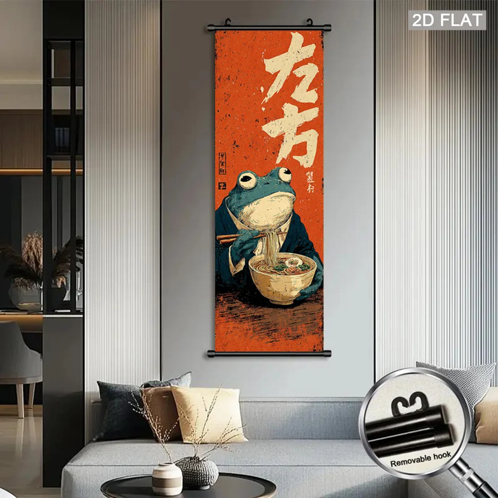 VIKAMA Funny Frog Ramen Noodles Wall Art Hanging Scroll Poster Asian Canvas Art Print for Living Room Bedroom Home Decor