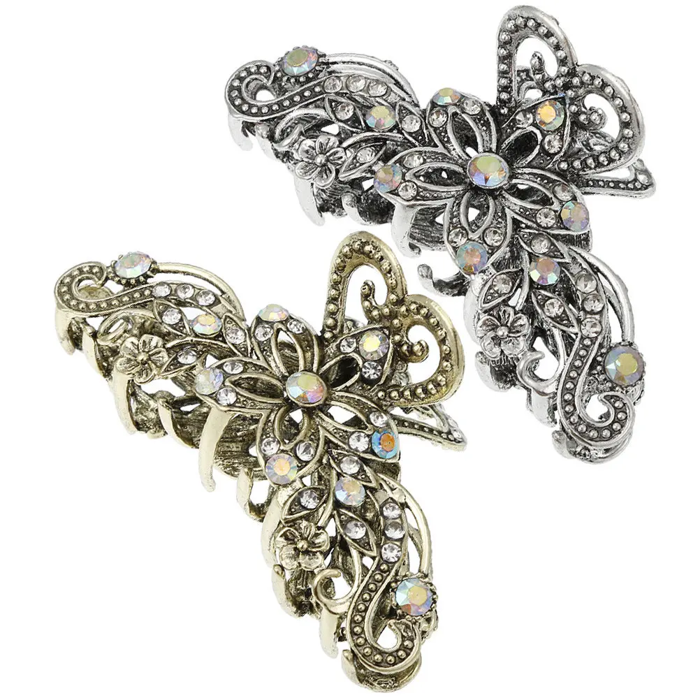 

2Pcs Vintage Claw Clip Alloy Rhinestone Hair Clips for Women Thick Thin Long Hair Secure Hold Styling Tool for Daily Office