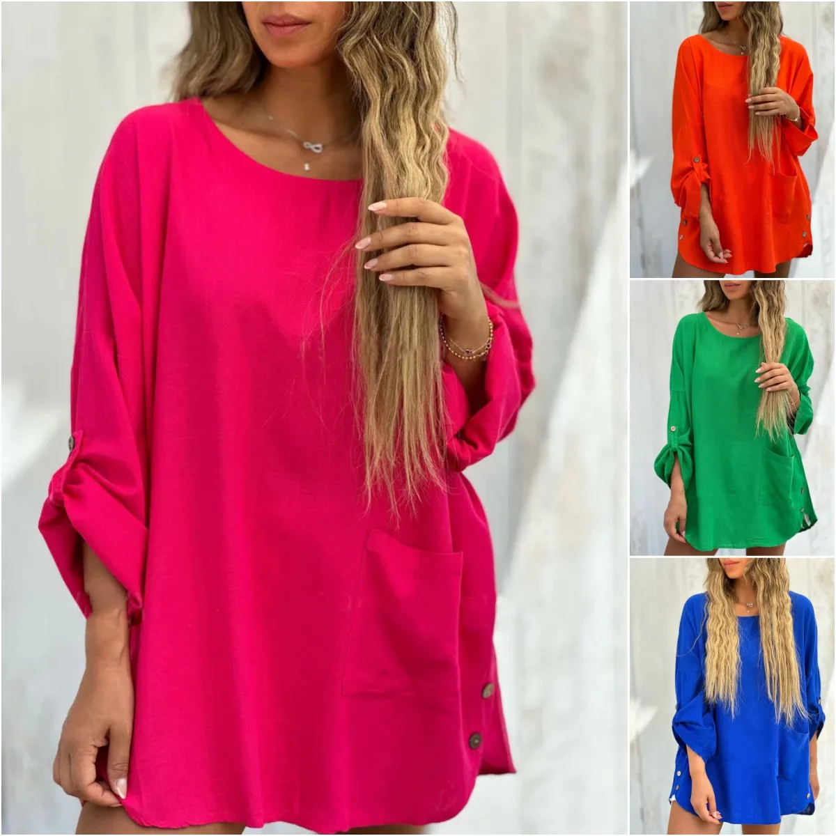 2025 ฤดูร้อนใหม่ชุดสตรีอารมณ์สง่างามสบายๆสีทึบหลวมรอบคอปุ่มแขนยาว Midskirt ชุด