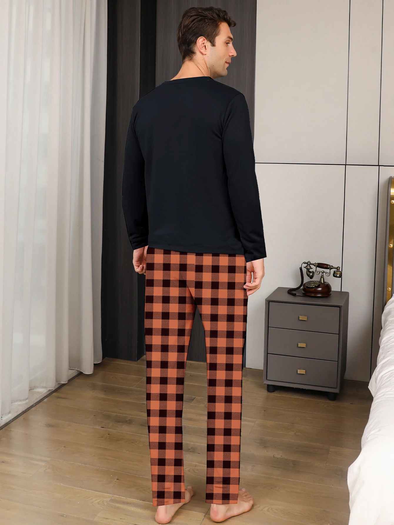 Two piece sets men's pajamas autumn and winter long sleeved pants checkered sleepwear set