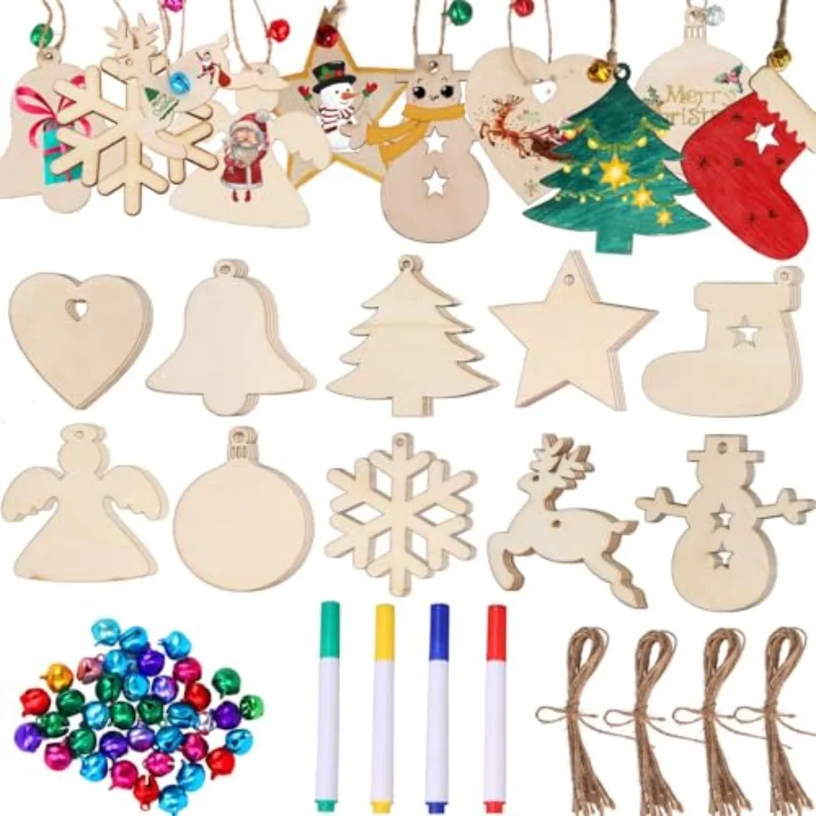 

50 Pieces Christmas Wooden Ornaments Blanks Pendants Unfinished Wood Slices Hanging for Festivals DIY Crafts Decoration, 10 Sty