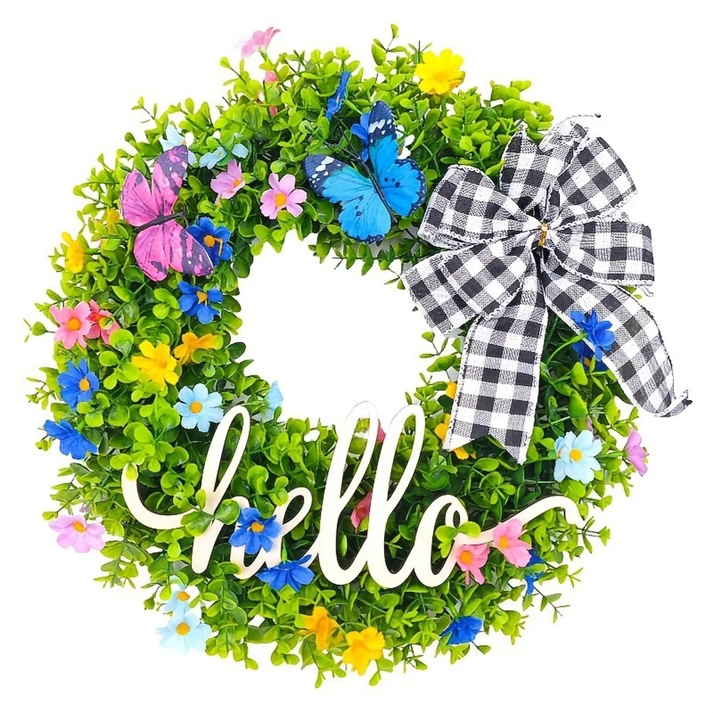 Hello Sign Eucalyptus Wreath for Spring Door Decor Courtyard Garden Wall Hanging Decoration PVC 46cm Green Artificial Foliage