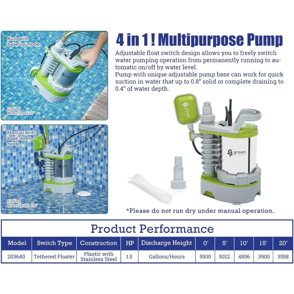 1.5HP Submersible Sump Pump 5500GPH High Flow 25FT Power Cord Manual Automatic Adjustable Float Switch Powerful Drainage