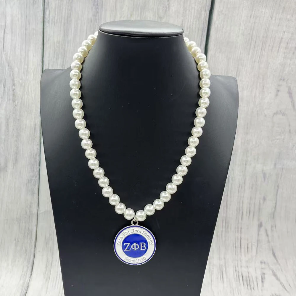 5pcs 10MM Pearl Necklace Zeta Phi Beta Iconic Letter Round Pendant