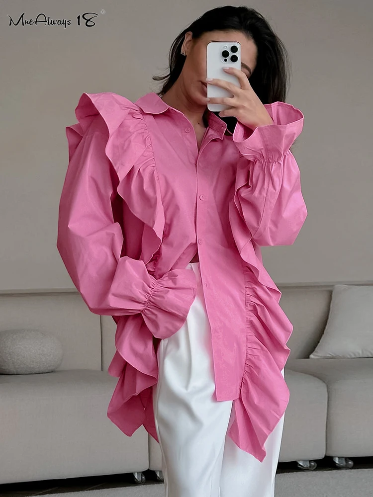 Mnealways18 Drop Shoulder Ruffled Shirts Women Pink Fashion Summer Autumn Puff Sleeve Button Blouses And Tops 2024 Office Ladies