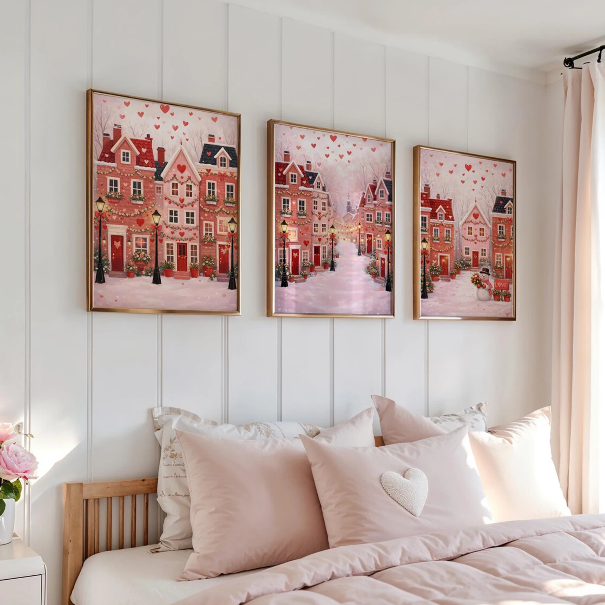 3pcs Modern Red Christmas Street Scene Wall Art Print Canvas Painting Poster Picture For Living Room,Bedroom Home Decor