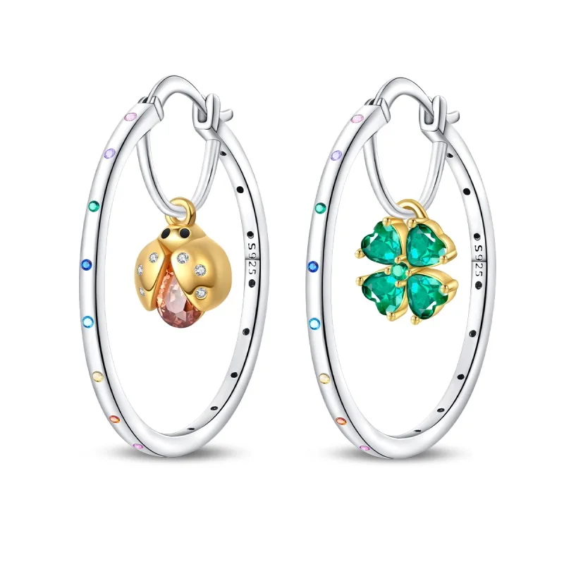 925 Sterling Silver Four Leaf Ladybug Big Hoop Earrings Sparkling CZ Zircon Earrings For Women Birthday Anniversary Jewelry Gift
