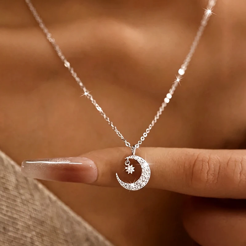 Huitan Fresh Star Moon Pendant Necklace for Women Sparkling Elegant Dainty Neck Accessory Charms Gentle Wedding Party Jewelry