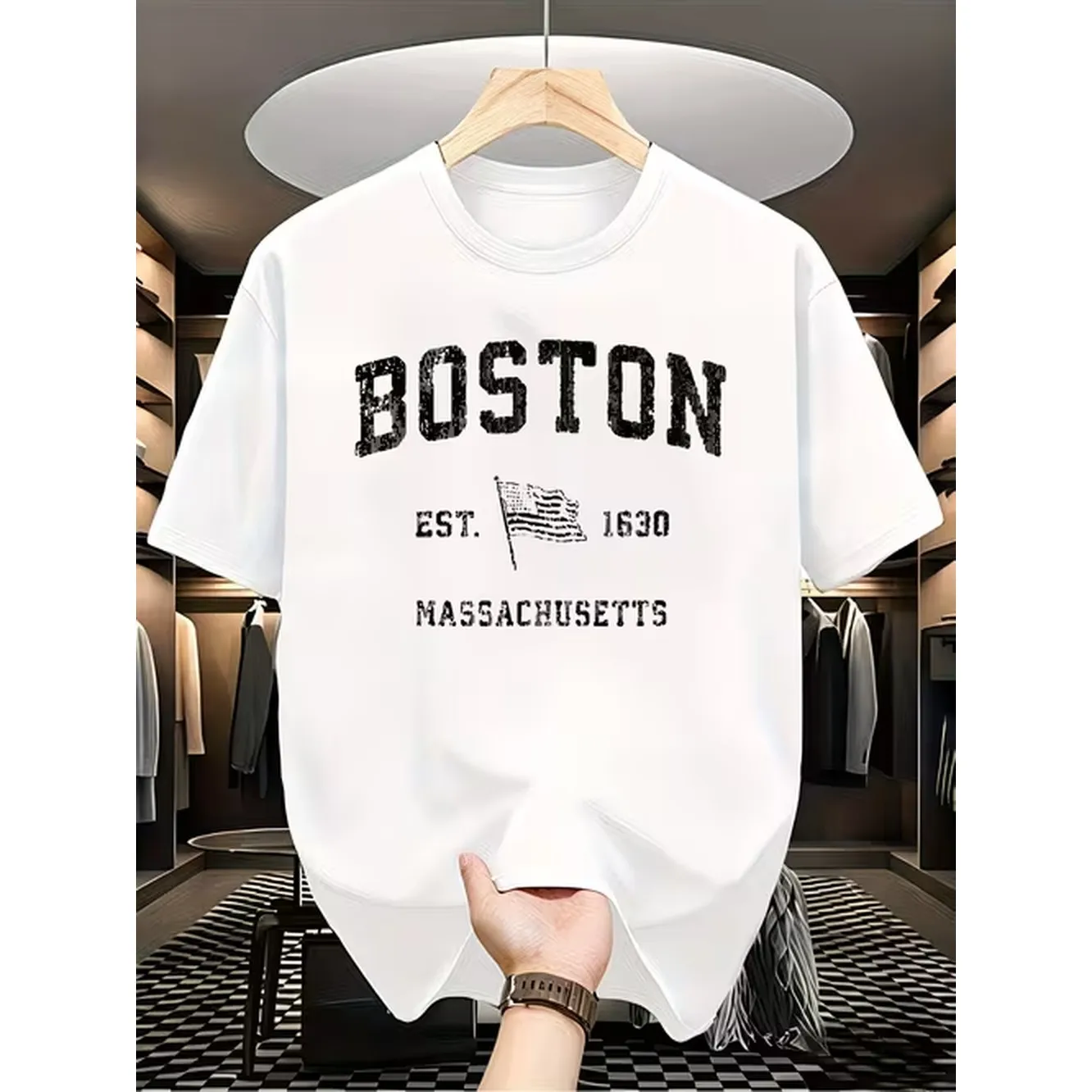 1Pc Male Graphic T Shirt Vintage Boston Est 1630 American Flag Print Short Sleeve Crew Neck For Teenagers For Teenager