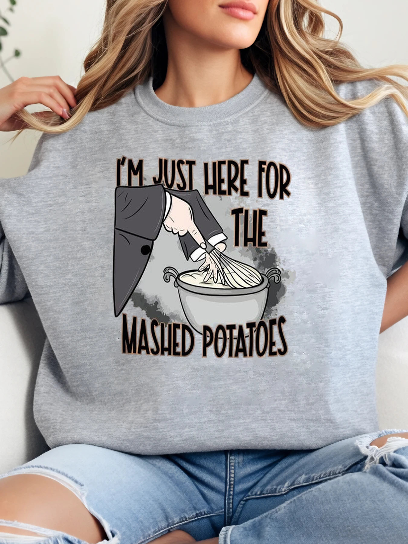 

Mashed Potatoes Chef Print Thanksgiving Sweatshirt Women Casual Holiday Wear Gray Plus-Size