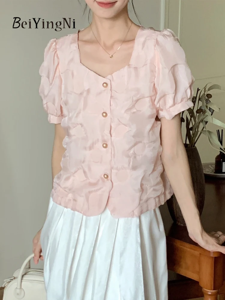 Beiyingni French Elegant Short Puff Sleeve Shirts Women Korean Chic Pink Buttons Blusas Female High Street Black OL Blouses Tops