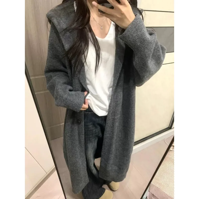 Fashion Medium and Long Hooded Sweater Jacket Women's Cardigan Autumn and Winter New Knitted Loose Lazy Coat