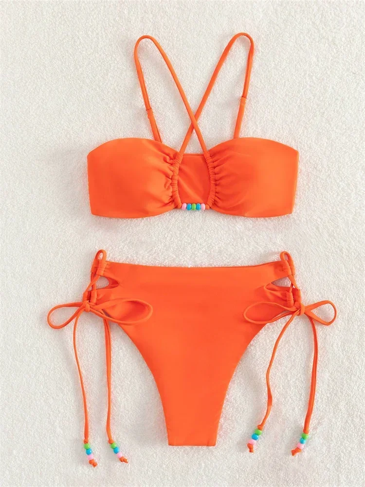 Set bikini sexy a vita alta donna 2024 arancione viola scava fuori perle push up micro costume da bagno costume da bagno da spiaggia costumi da bagno con lacci