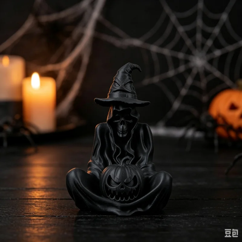 3D Printed Grim Reaper Witch Hat Figurine With Pumpkin Lantern,Spooky Skeleton Ghost Statue,Creepy Halloween Tabletop Ornament