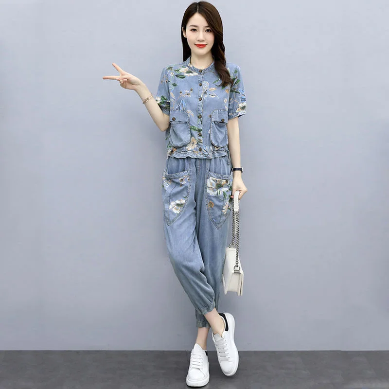 

2022 Summer Women New Casual Printing Cowboy Sets Female Western Style Age-Reducing Slimming Net Red Fried Street Two-Piece Suit